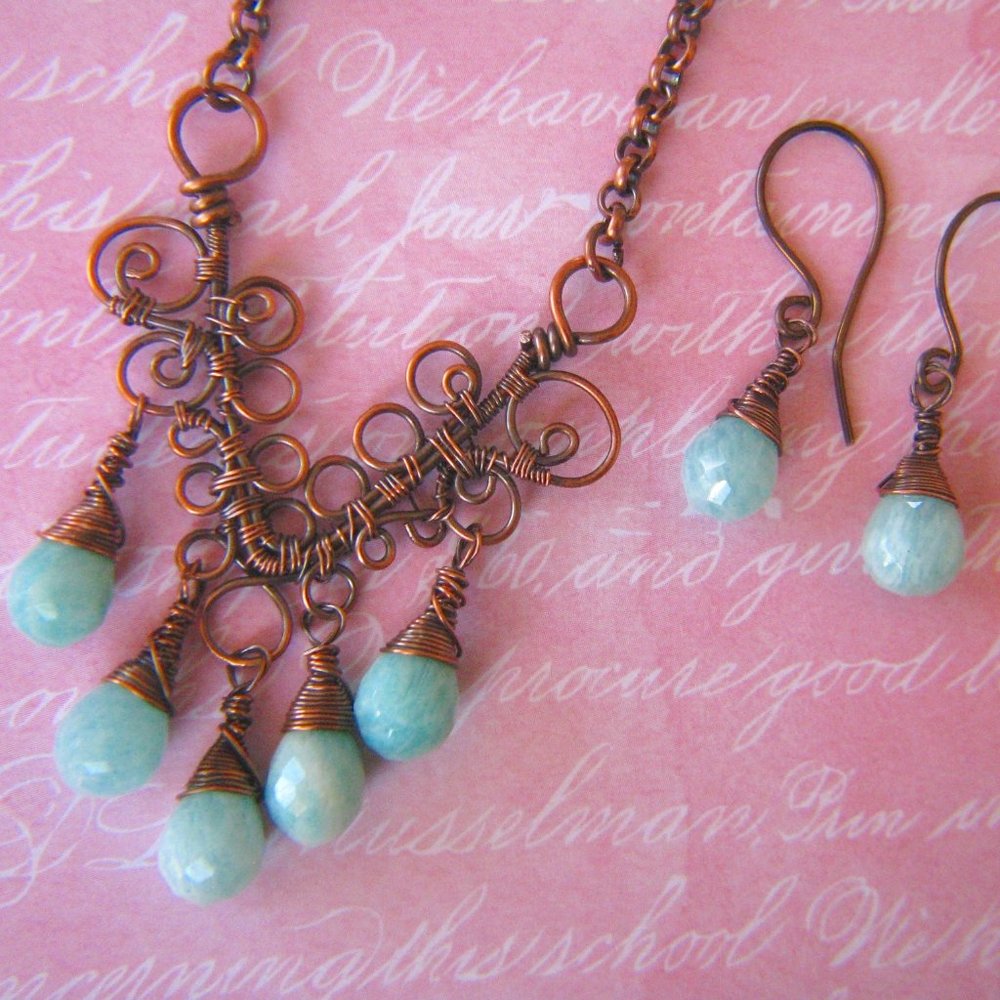 Hand Crafted Antiqued Copper and Amazonite Necklace and Earrings Set